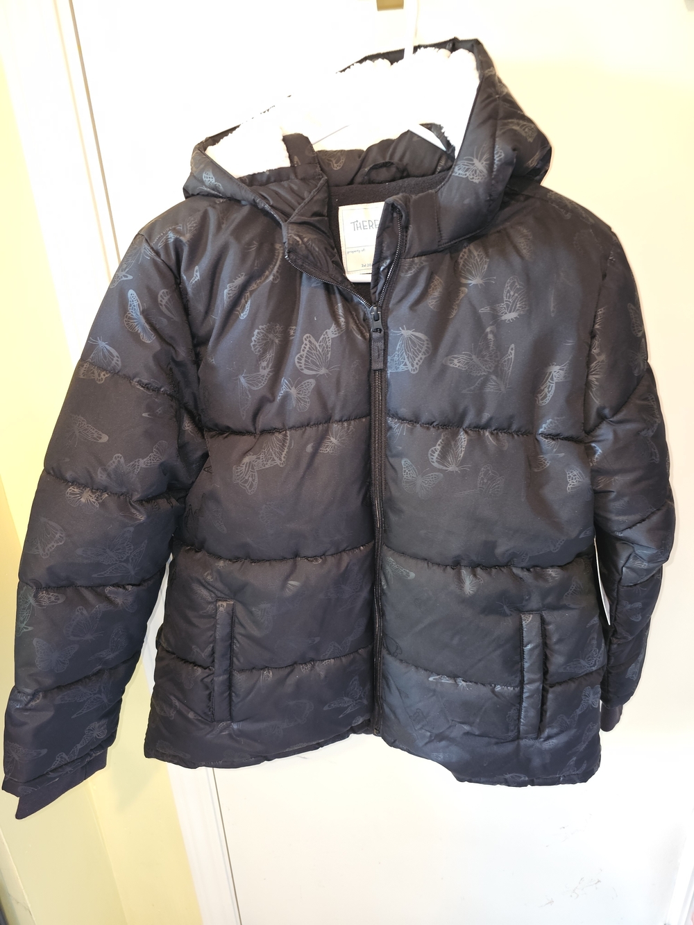 Kids Black Butterfly Puffer Jacket with Hood